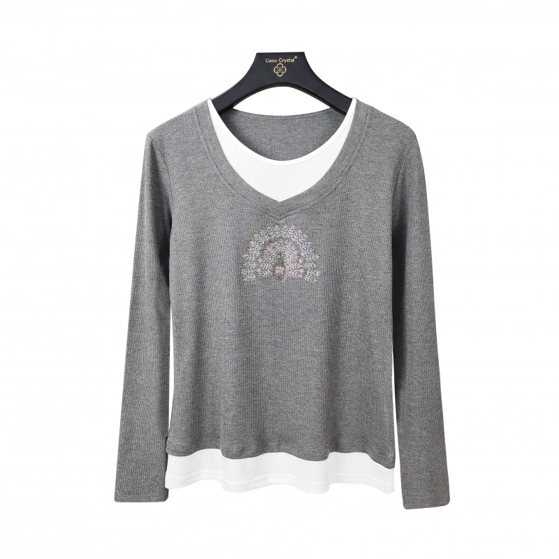 孔雀图案假两件长袖圆领T恤-30280