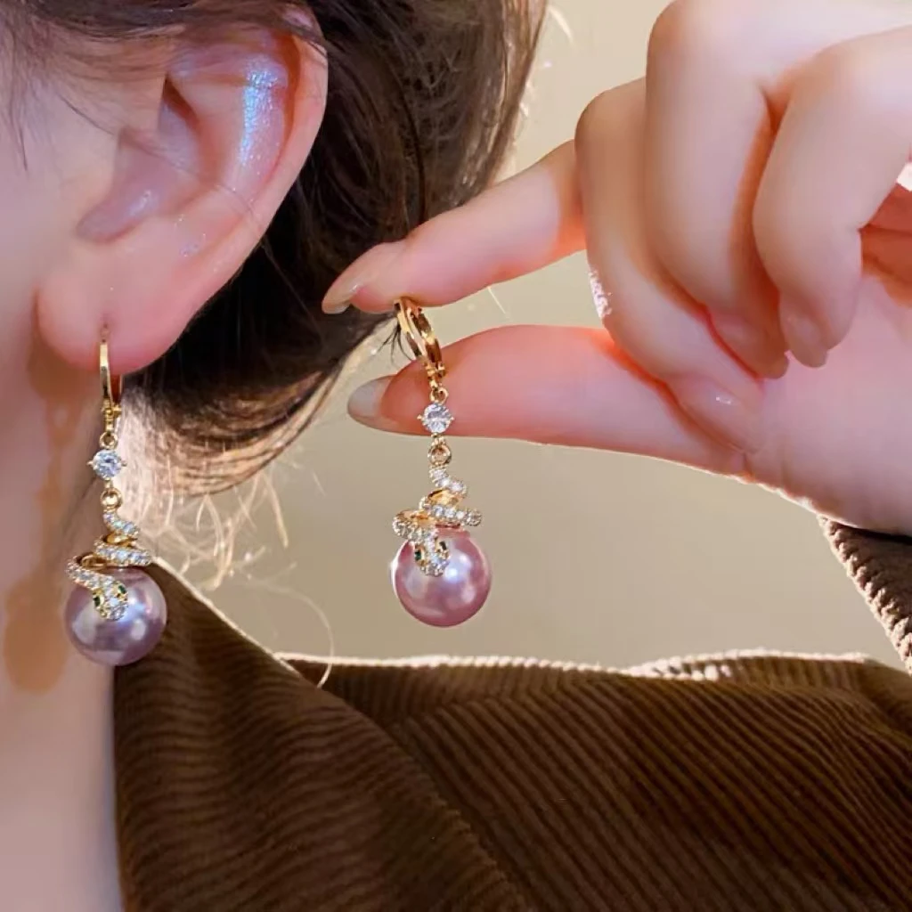 铜合金仿珍珠耳饰 036精致灵蛇紫色女式女士耳环上档次养耳洞耳钉