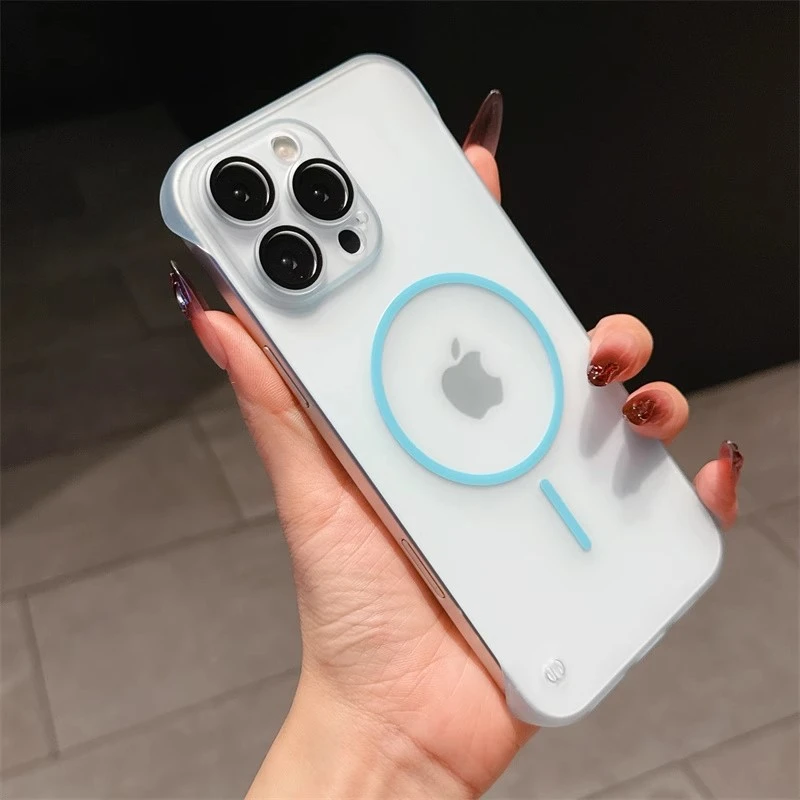 肤感磨砂无边框适用苹果16promax细圈磁吸苹果15半包14防摔保护壳