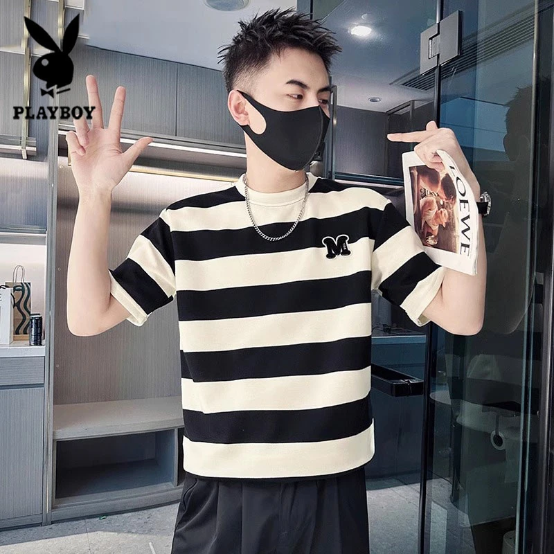 花花公子黑白粗条纹T恤男复古短袖新款圆领半袖痞帅夏季薄款上衣