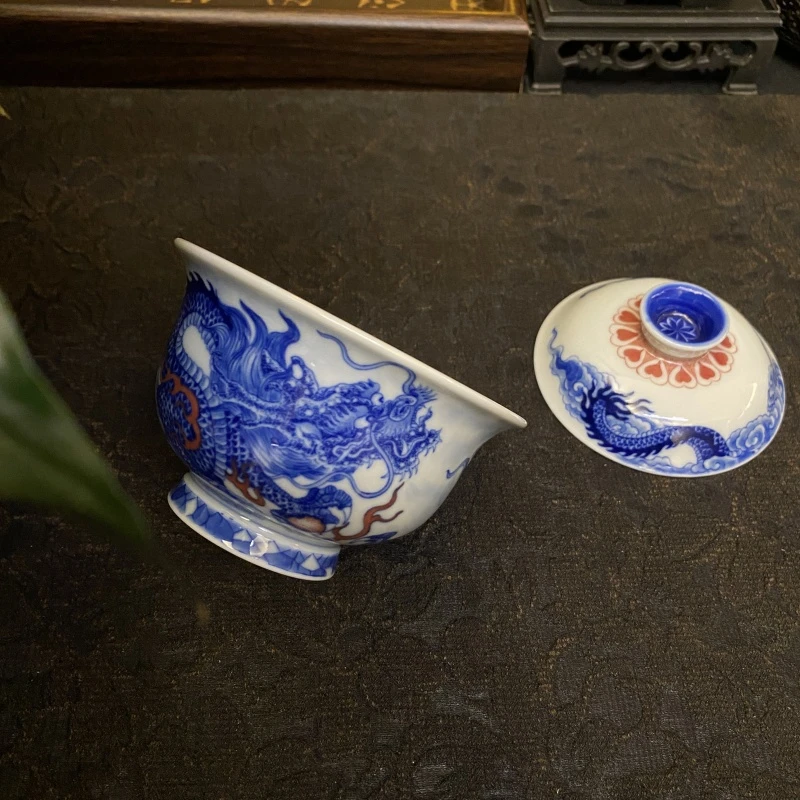 【四悦茶陶】仿清蒲牢龙纹盖碗 景德镇茶具手工手绘