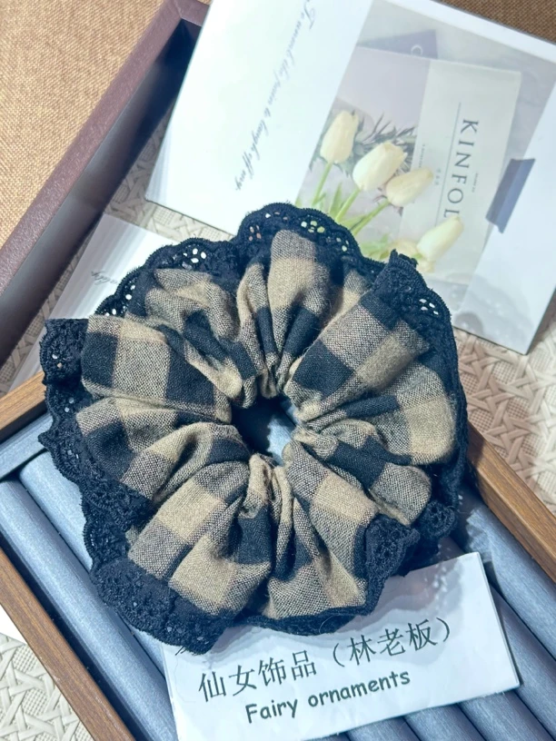 【128】～韩国发饰甜美减龄少女黑白格子蕾丝花边大肠圈