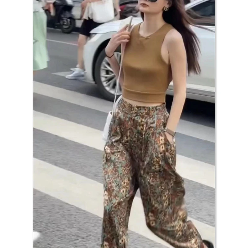 气质豹纹高雅无袖露背上衣百搭阔腿花裤女潮宽松长裤时尚印花高腰