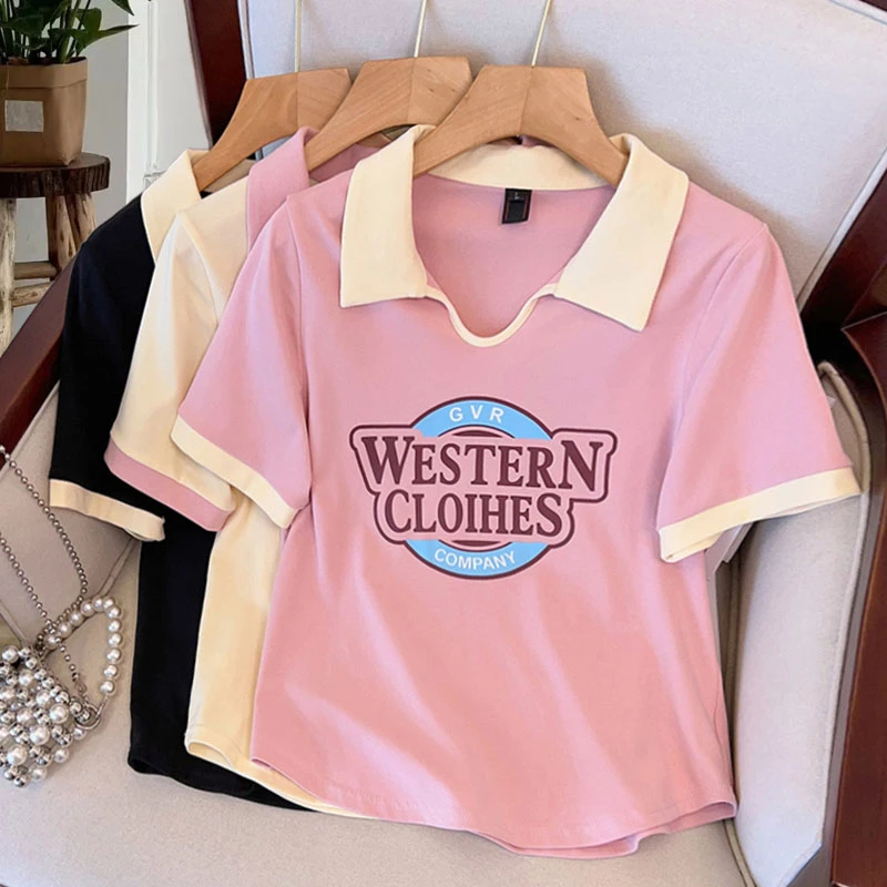 大码胖mm200斤减龄气质V领polo衫女夏季弧形下摆遮肚显瘦短袖t恤