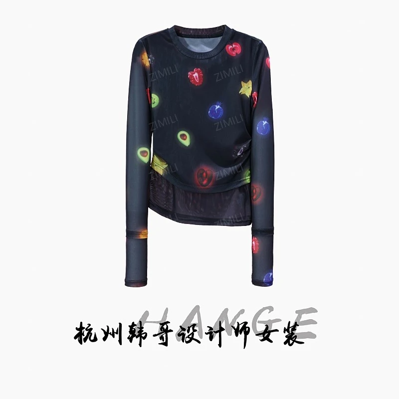 【韩哥女装】秋季欧货新品轻奢黑色印花重工设计高弹上衣6602-K7