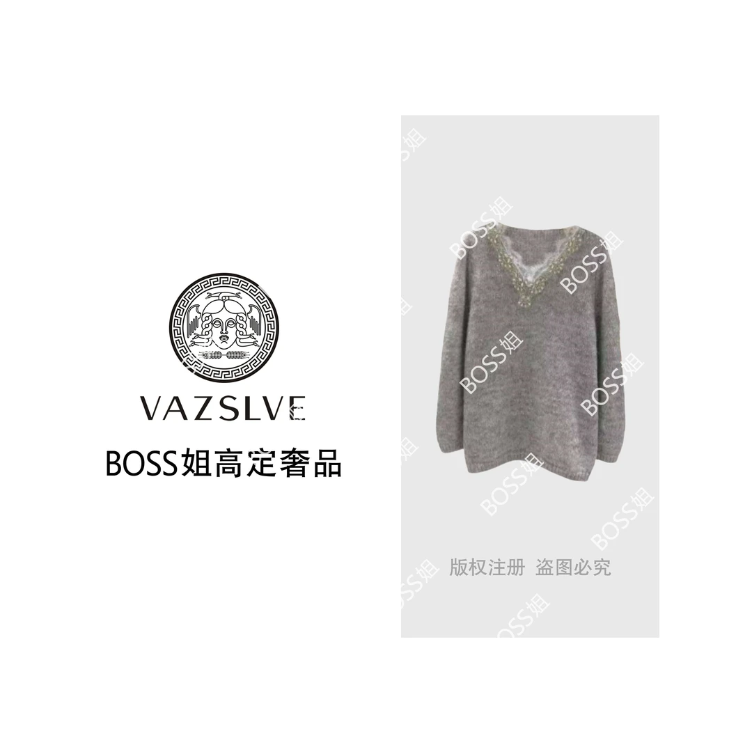 【VAZSLVE/全新奢品】捡漏 羊毛马海毛钉珠蕾丝拼接针织毛衣msl824