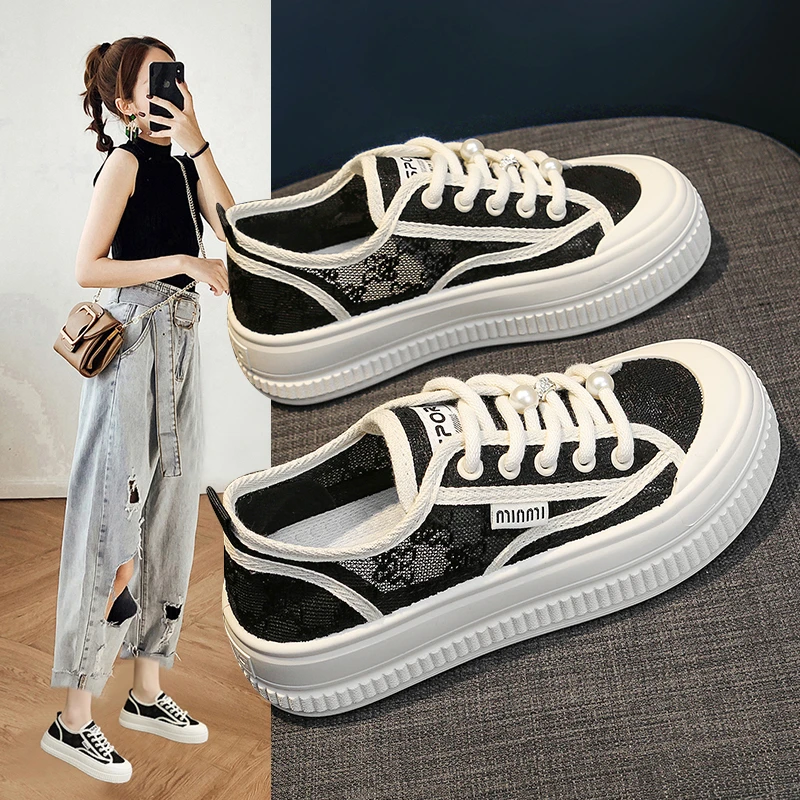 网红厚底蕾丝渔夫鞋女2025夏季透气网鞋小众设计感休闲板鞋帆布鞋