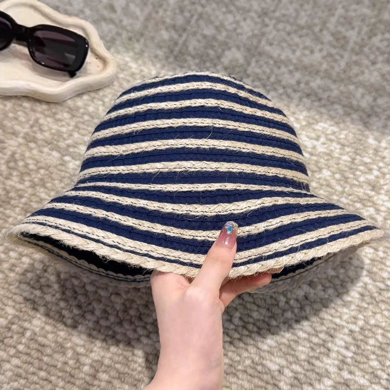 时尚天然麻绳藏蓝色草编条纹渔夫帽遮阳帽夏季新款洋气防晒盆帽女
