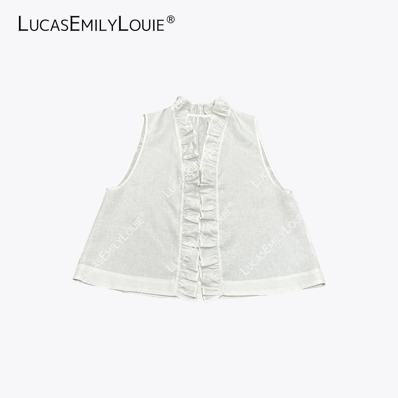 LUCASEMILYLOUIE 复古松弛慵懒感亚麻荷叶边开襟衬衫马甲2510262
