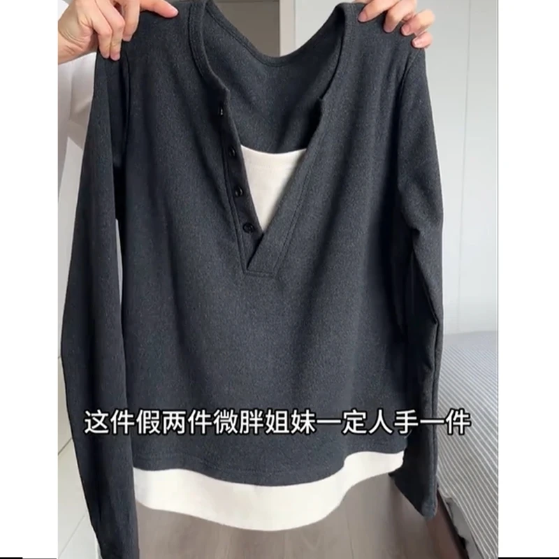 大码200斤新款简约学院风拼色假两件上衣女春弧形下摆遮肉长袖t恤