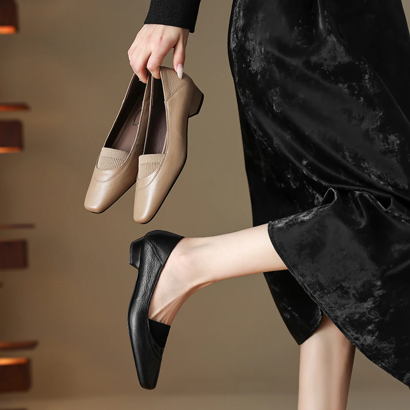 7426羊皮鞋2025春季新款小方头单鞋粗跟种跟鞋简约百搭