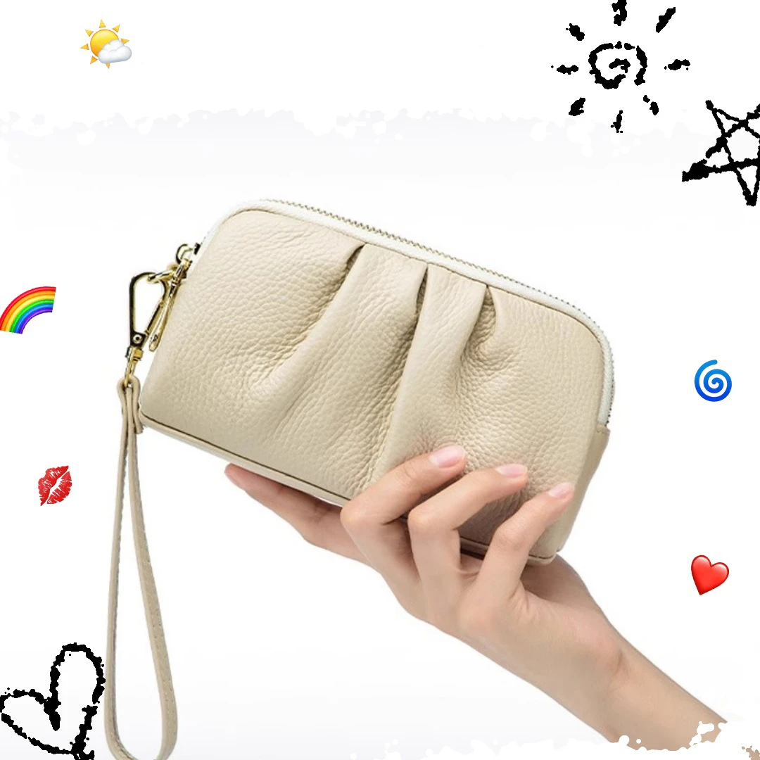 双层长款钱包气质褶皱款手拿包大容量手机包妈妈买菜用长款大钞包