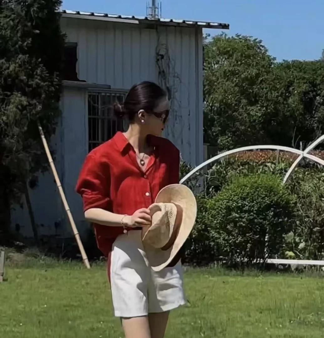 MOON【相对论】夏季高级松弛慵懒老钱风亚麻防晒衬衫9676