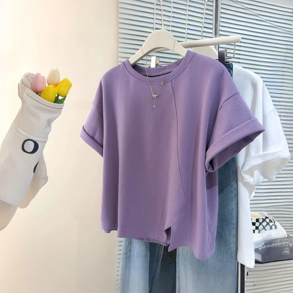 300斤新款宽松T恤正肩设计显瘦夏季遮肚韩版不规则短袖上衣女开叉