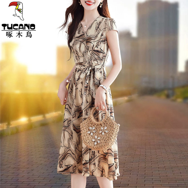 啄木鸟休闲连衣裙女2025夏季新款宽松中年妈妈洋气减龄中长款裙子