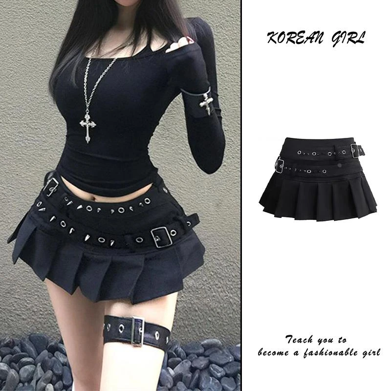 2千禧风辣妹重工铆钉黑色短裙女夏季纯欲低腰百褶裙亚比半身裙