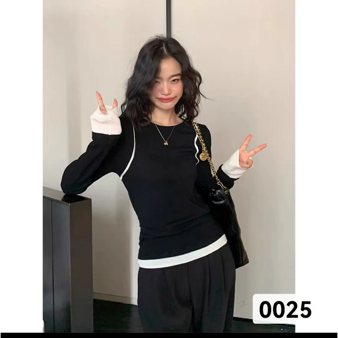 新款亲子撞色拼接假两件打底衫0025