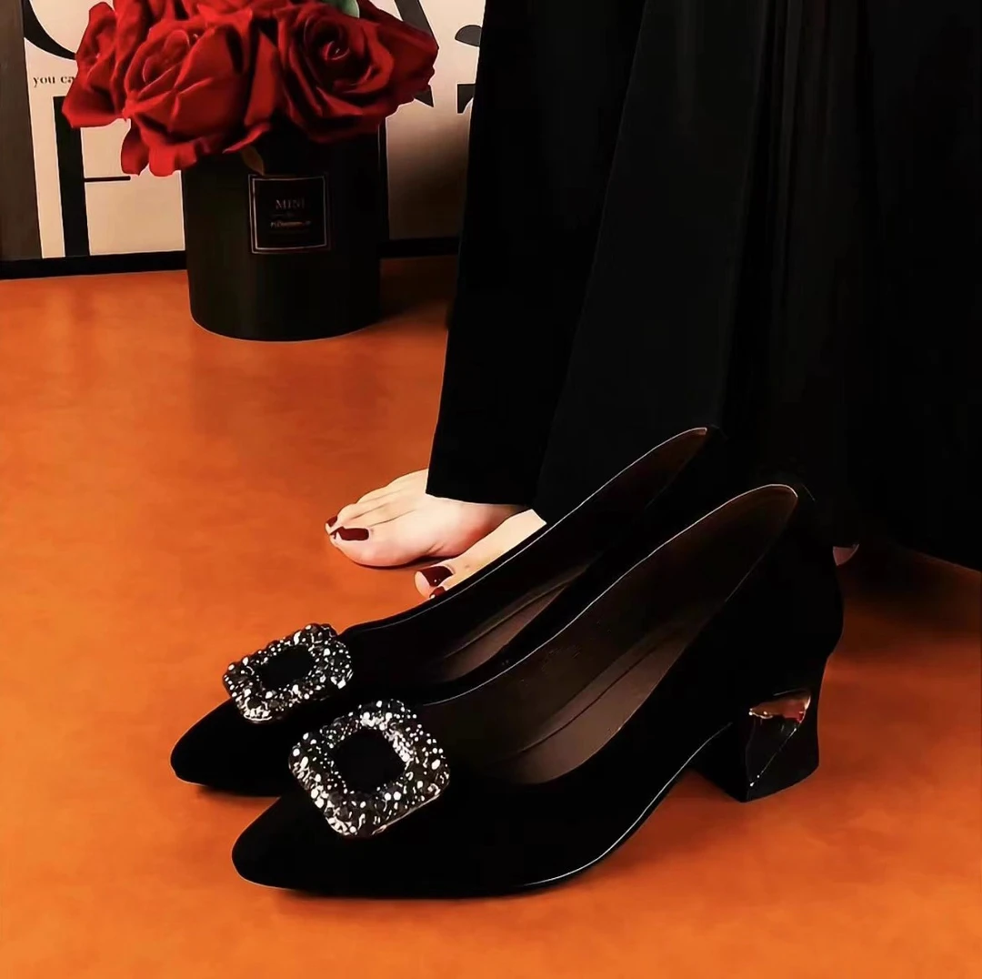 尖头时尚水钻单鞋女2025新款秋季法式粗跟气质高跟鞋浅口方扣女鞋