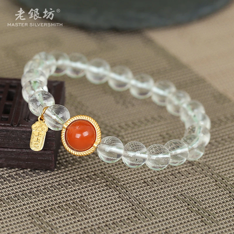 【老银坊】s925银南红单珠上上签水晶手串 00351655