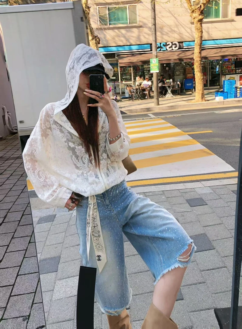 婉君【蕾丝防晒衫】韩系慵懒风蕾丝显瘦长袖连帽短外套LWJ25B2C1220