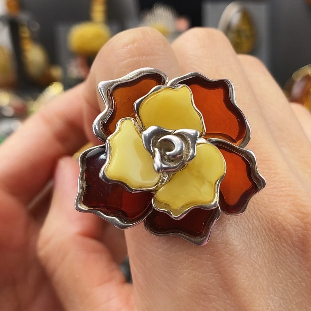 琥珀银S925镶嵌戒指