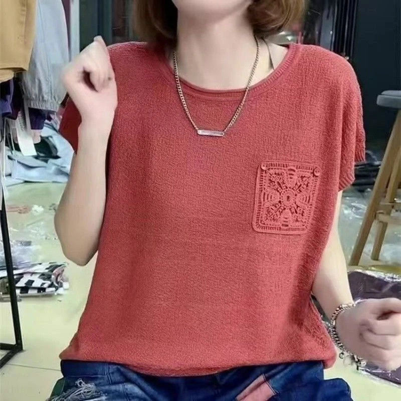 2025夏季新款女士盘花纽扣纯色圆领遮肉显瘦上衣