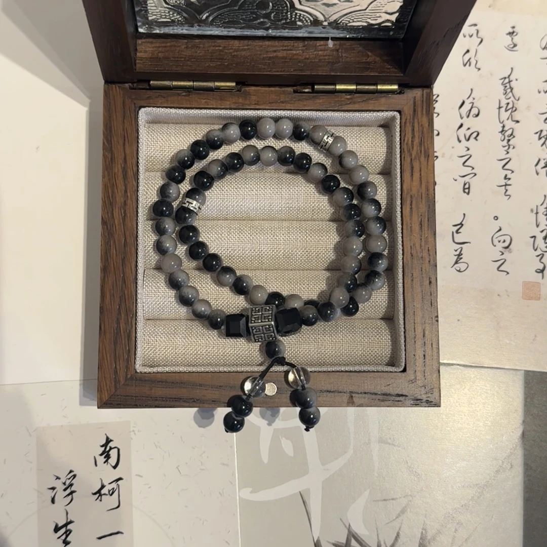 七阅 钛钢玻璃手链 墨影双圈曜夜手工如墨琉璃珠黑色男女通用复古