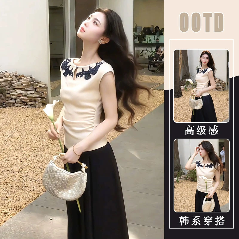 2025年新中式浮雕感花边无袖上衣针织衫+高腰大摆裙半身裙套装夏