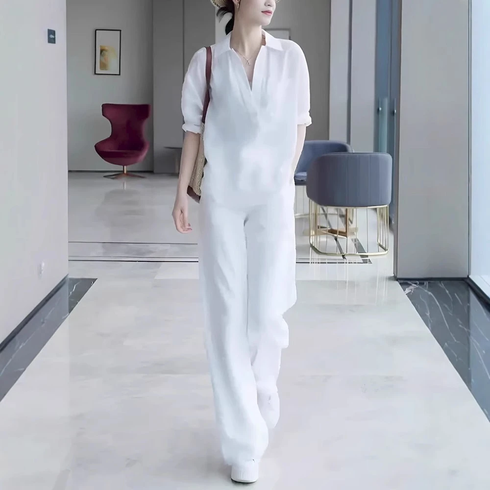 知性时髦休闲风套装2025新款春季简约白色翻领宽松衬衣两件套女装
