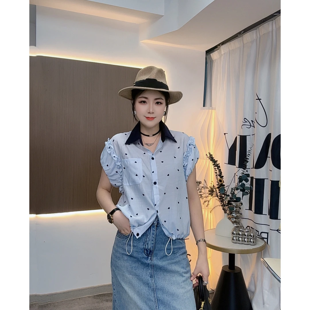 百搭时尚气质宽松衬衫吸汗女装休闲风撞色领短袖爱心波点衬衣