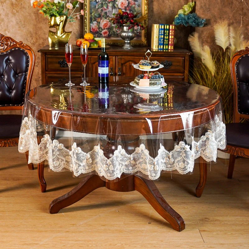 透明圆桌桌布pvc软玻璃桌垫轻奢高级感茶几桌布防水防油蕾丝台布