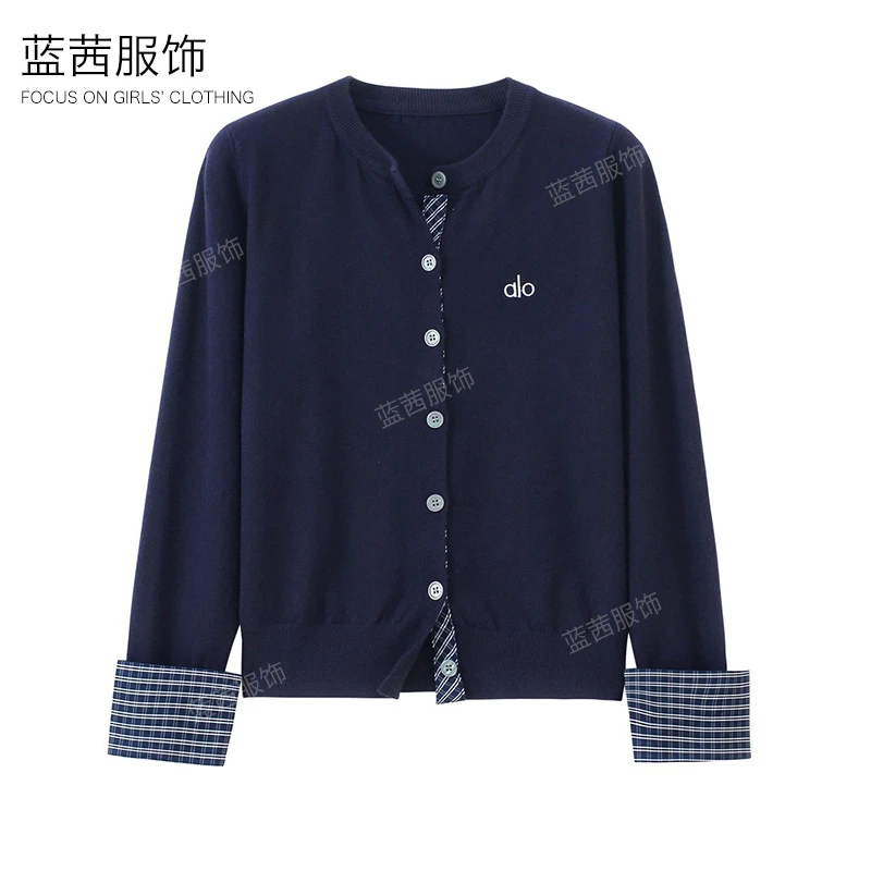 韩系圆领刺绣拼接长袖针织开衫毛衣外套女2025秋冬新款打底上衣