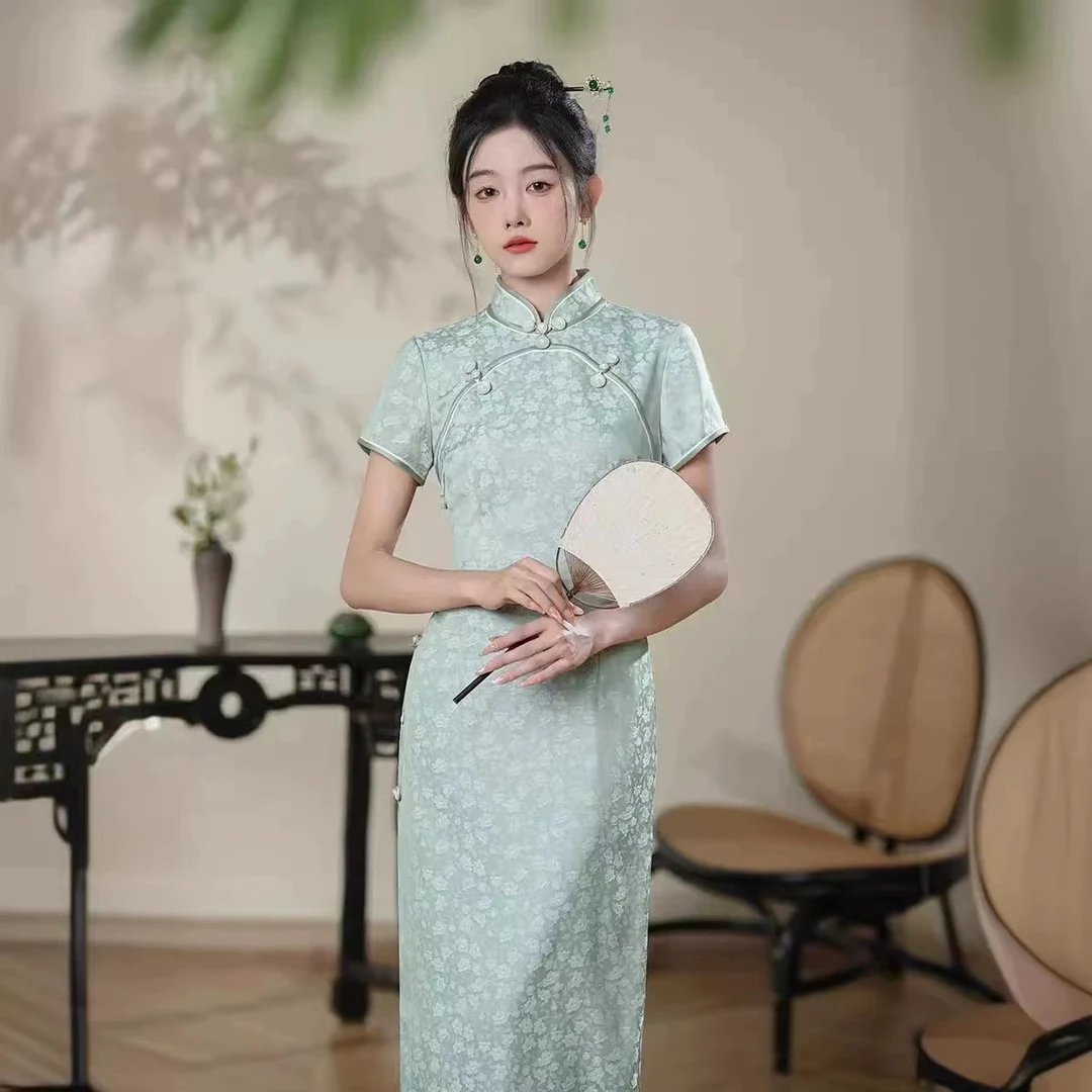 0279【翠吟】绿色提花美玲襟旗袍高考旗袍