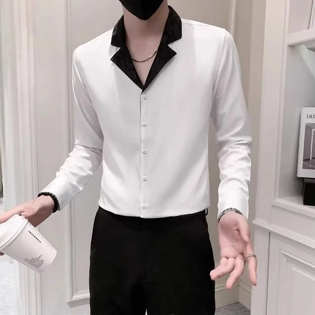 春夏薄款古巴领衬衫长袖男士潮牌修身个性男装设计感拼接撞色衬衣