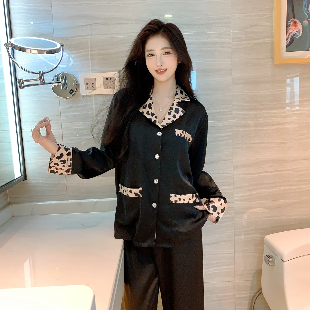 2025新款春夏季睡衣女款冰雪丝长袖长裤纯欲风豹纹薄款家居服套装