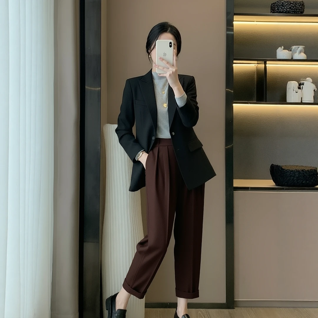 衣莎美诺春秋包容显瘦垂感哈伦裤女休闲裤西装裤咖色Y380C8519