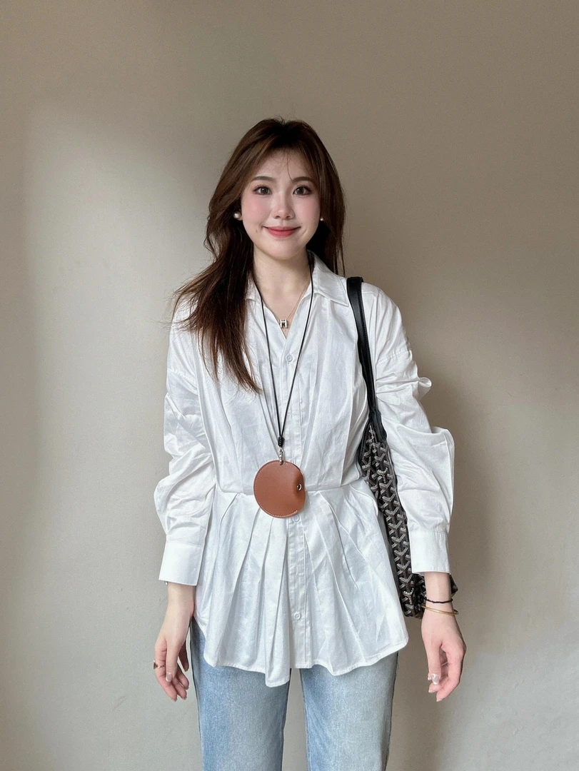 2025春季新款韩系穿搭设计感收腰显瘦衬衫上衣搭配牛仔裤两件套潮