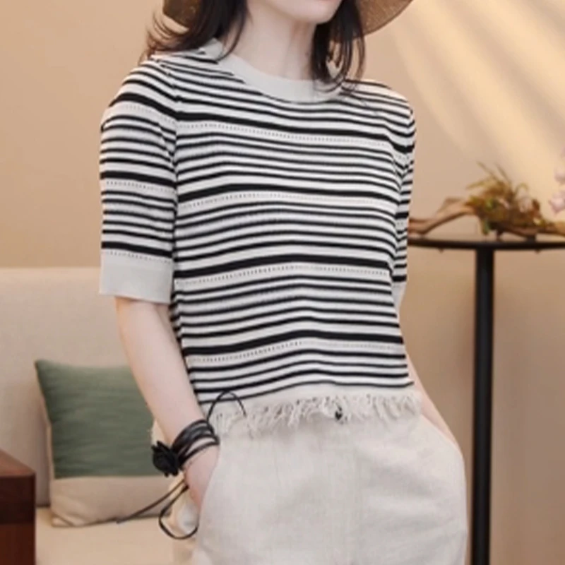 复古韩版下摆拼接流苏条纹短袖针织衫夏季高级感时尚套头显瘦上衣