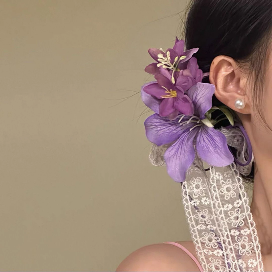 2025新款超仙紫色百合花朵发夹蝴蝶结飘带发卡发饰