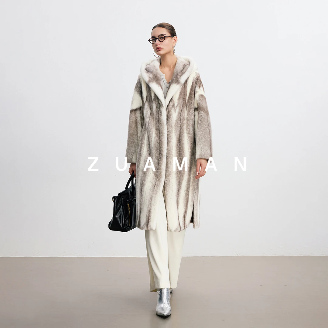 Zuaman/祖阿曼冬季新款披肩帽进口紫标天鹅绒连帽茧型中长款006