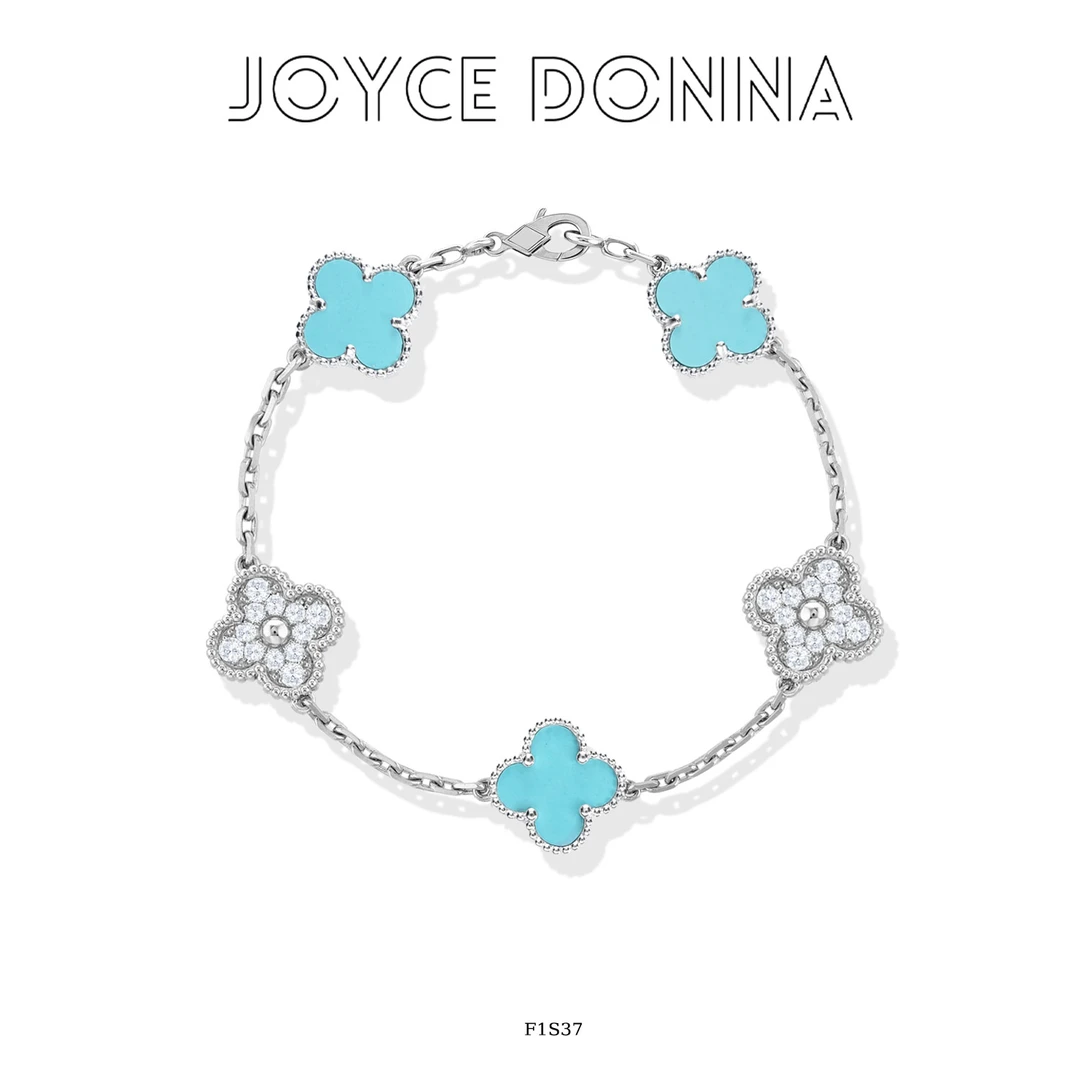 925银 镀K金 法式气质高级感浅蓝色四叶花手链 F1S37