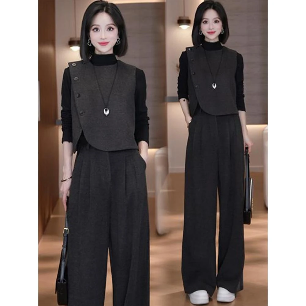 时尚套装女2025秋季新款洋气显瘦马甲打底衫直筒裤气质百搭三件套