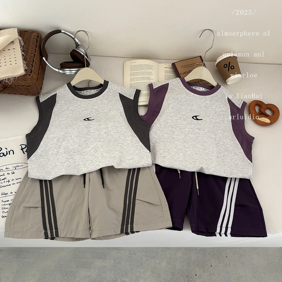 儿童夏季新款无袖背心套装棉质拼色运动童装俩件套韩版伞兵裤百搭