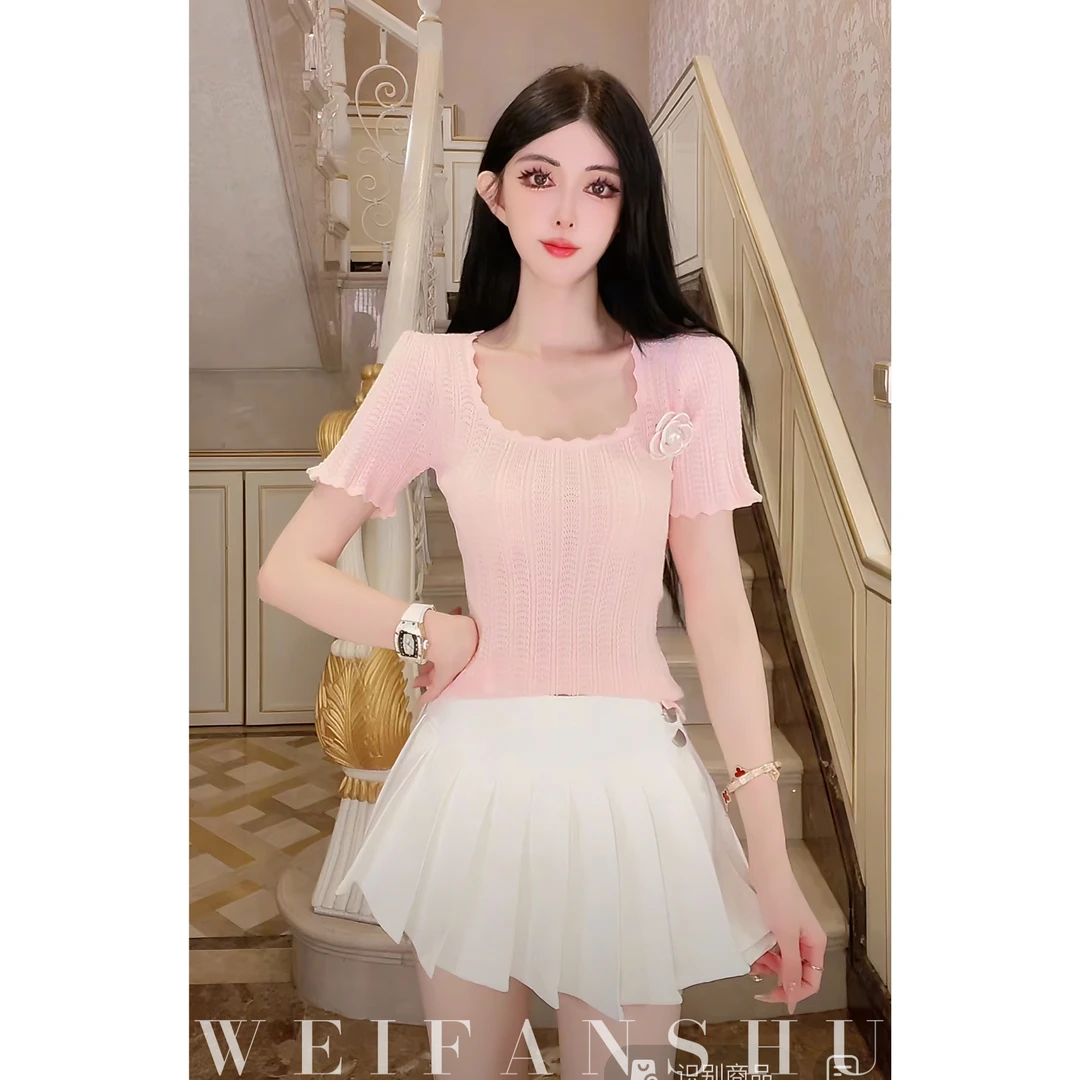 WEIFANSHU/魏凡舒【半岛弥香】春夏新款木耳边甜美百搭短款T恤上衣