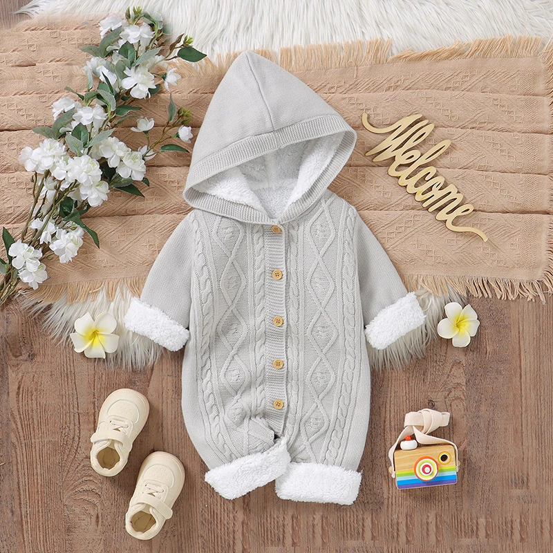 婴儿连体衣服加厚哈衣纯色加绒内衬爬爬服针织男女宝宝哈衣外出服