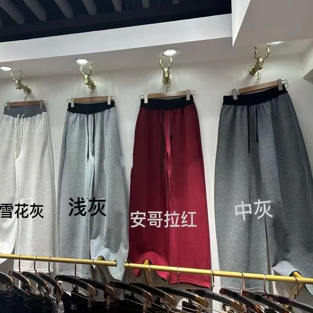 韩版宽松百搭腰部撞色直筒阔腿裤女文艺抽绳高腰系带休闲裤E34