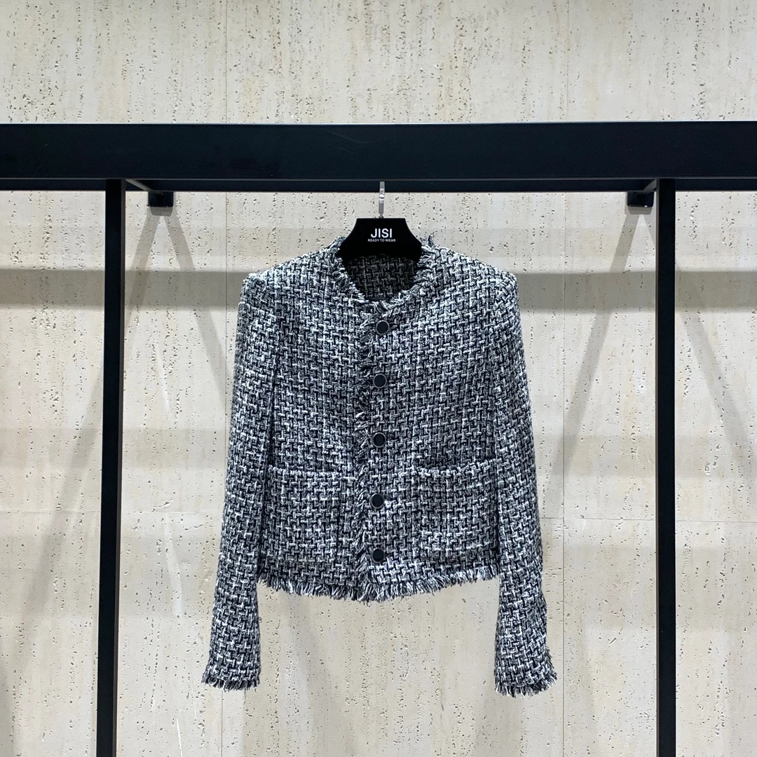 JISI 手工灰色流苏粗花呢短外套