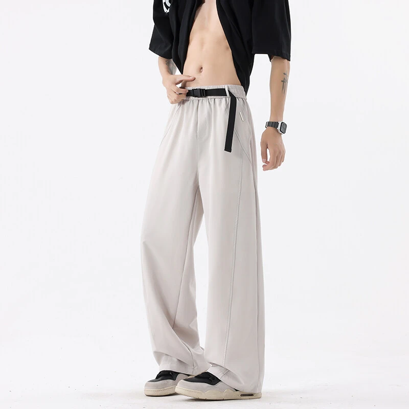 美式卡扣腰带冰丝裤男夏季轻薄透气运动休闲裤纯色基础百搭阔腿裤