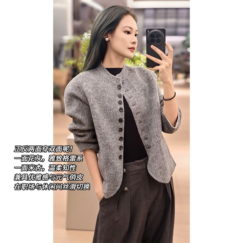 美洋MEIYANG 反转巴黎外套 双面呢两面穿~羊毛兔毛撞色圆领短大衣