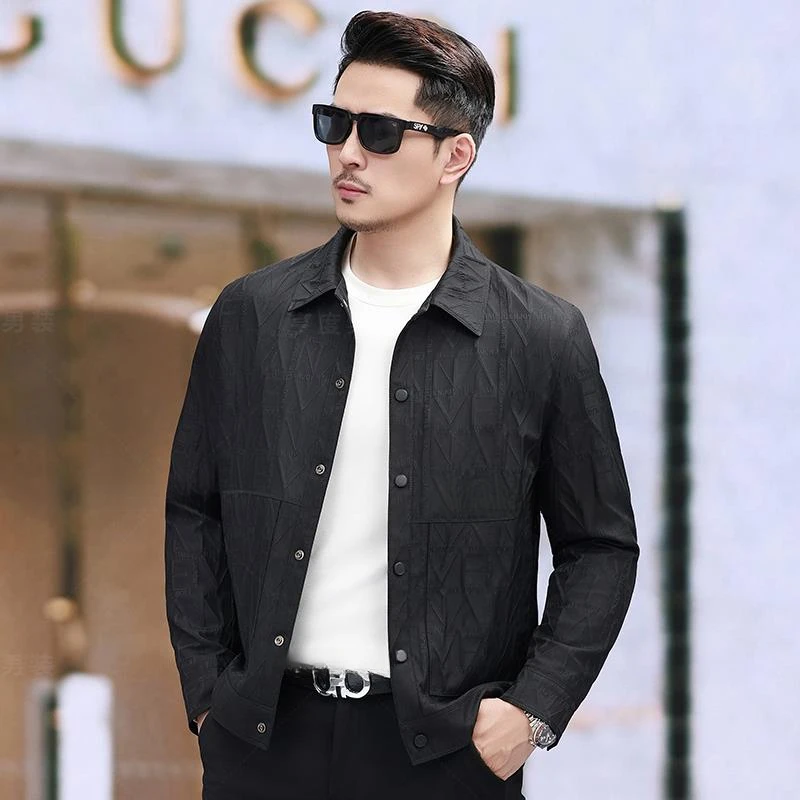 春秋新款字母印花薄款翻领外套男士休闲宽松时尚禅意衣服男装潮流